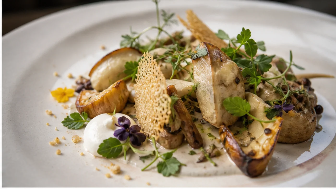 assiette gastronomique raffinée aux herbes et champignons