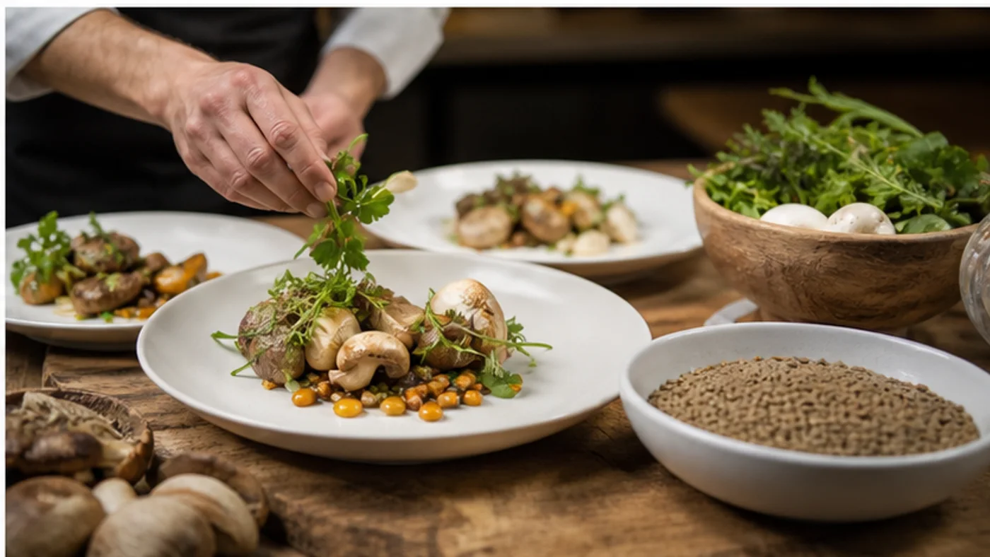 dressage de plats avec produits locaux et champignons