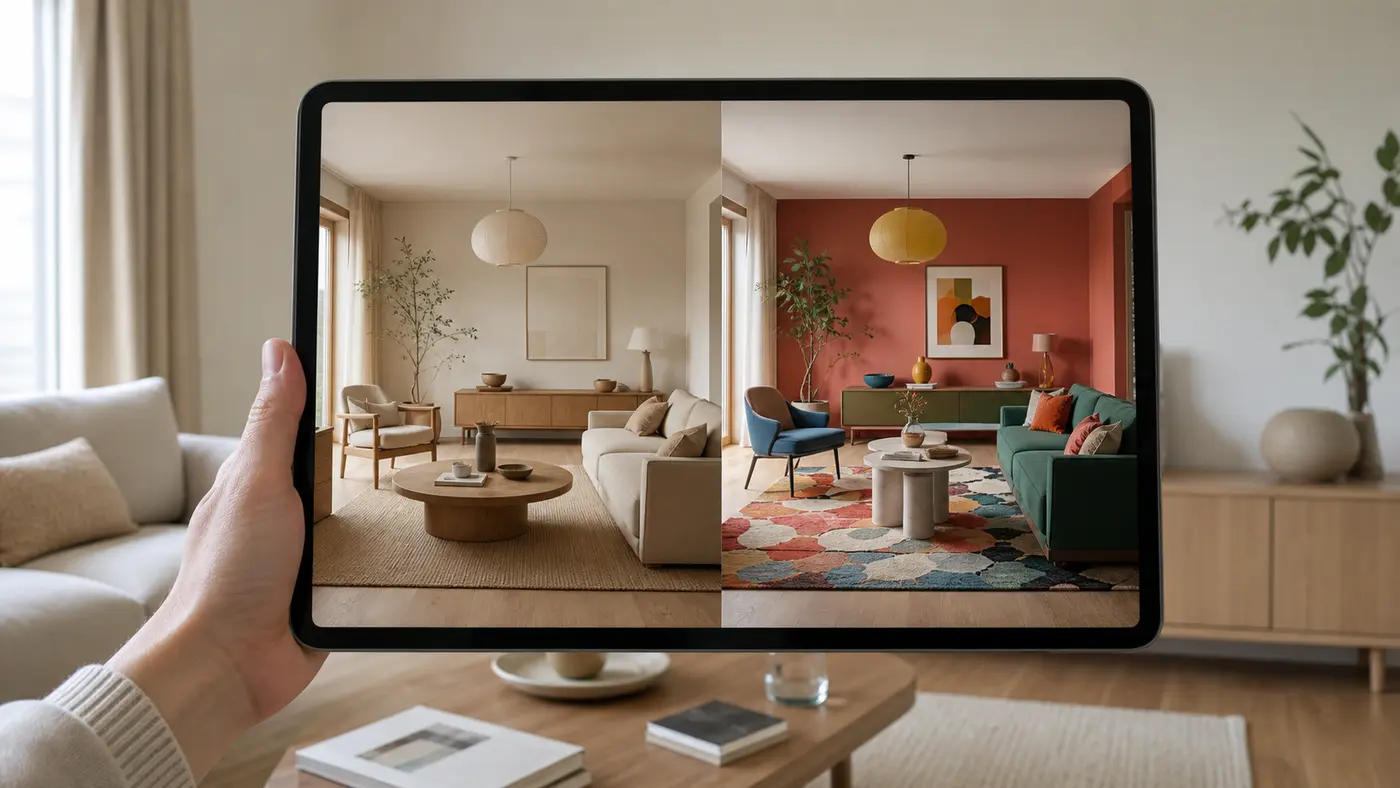 Tablette montrant deux styles de salon générés par IA