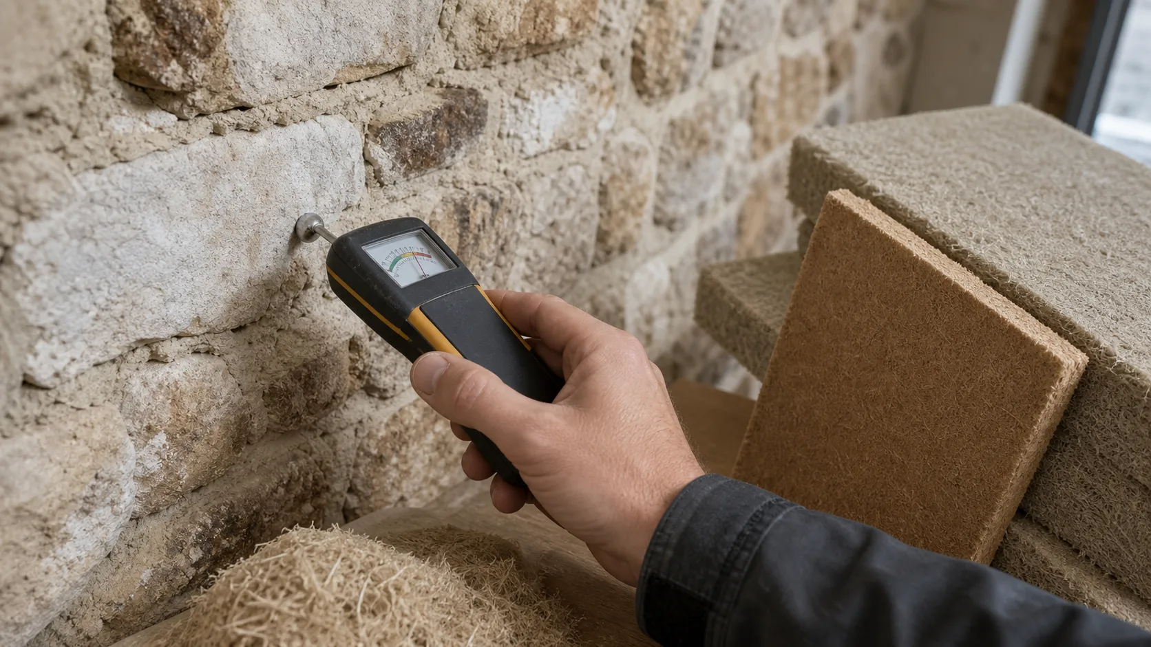 Mesure d’humidité sur un mur en pierre avant travaux