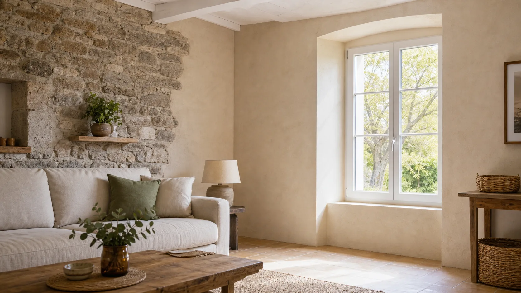 Pièce rénovée avec mur en pierre et finition respirante