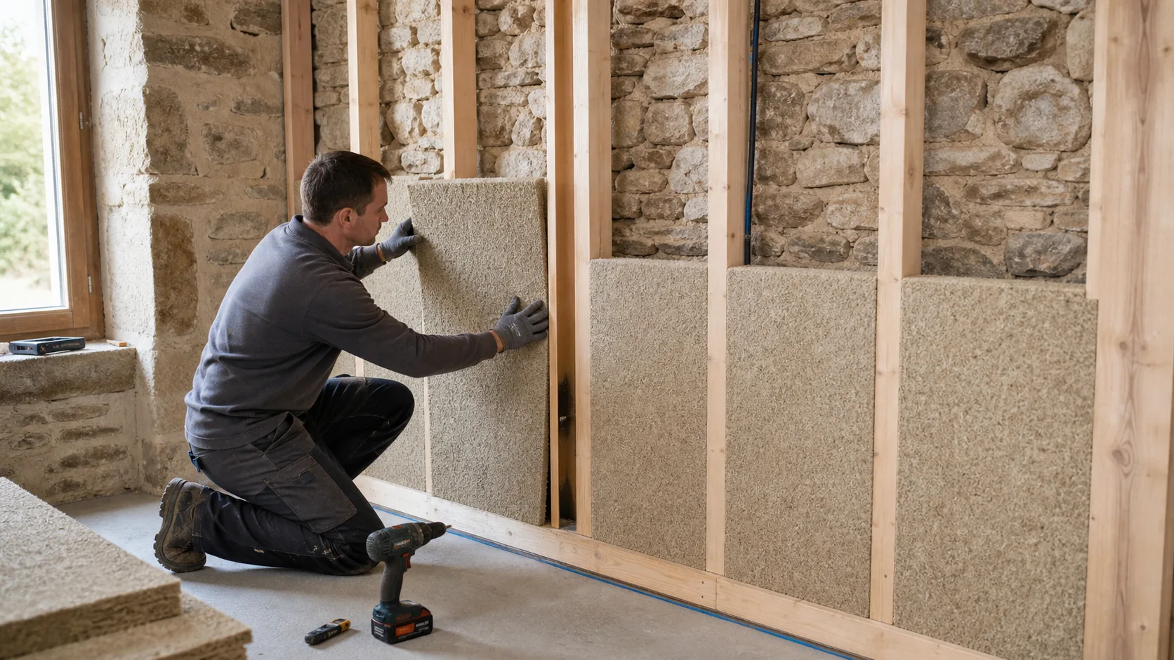 Pose d’un isolant perspirant devant un mur en pierre