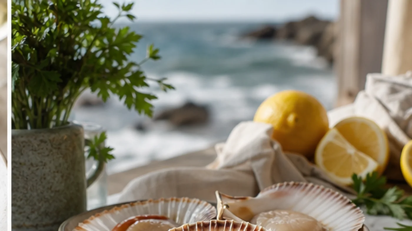coquilles Saint-Jacques fraîches ouvertes avec citron et herbes