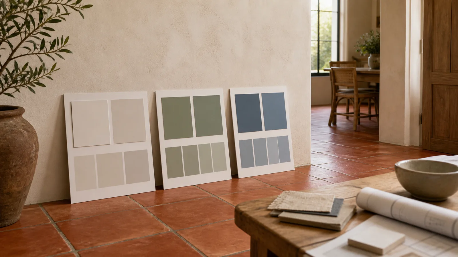 Echantillons de couleurs devant un sol en tomette rouge
