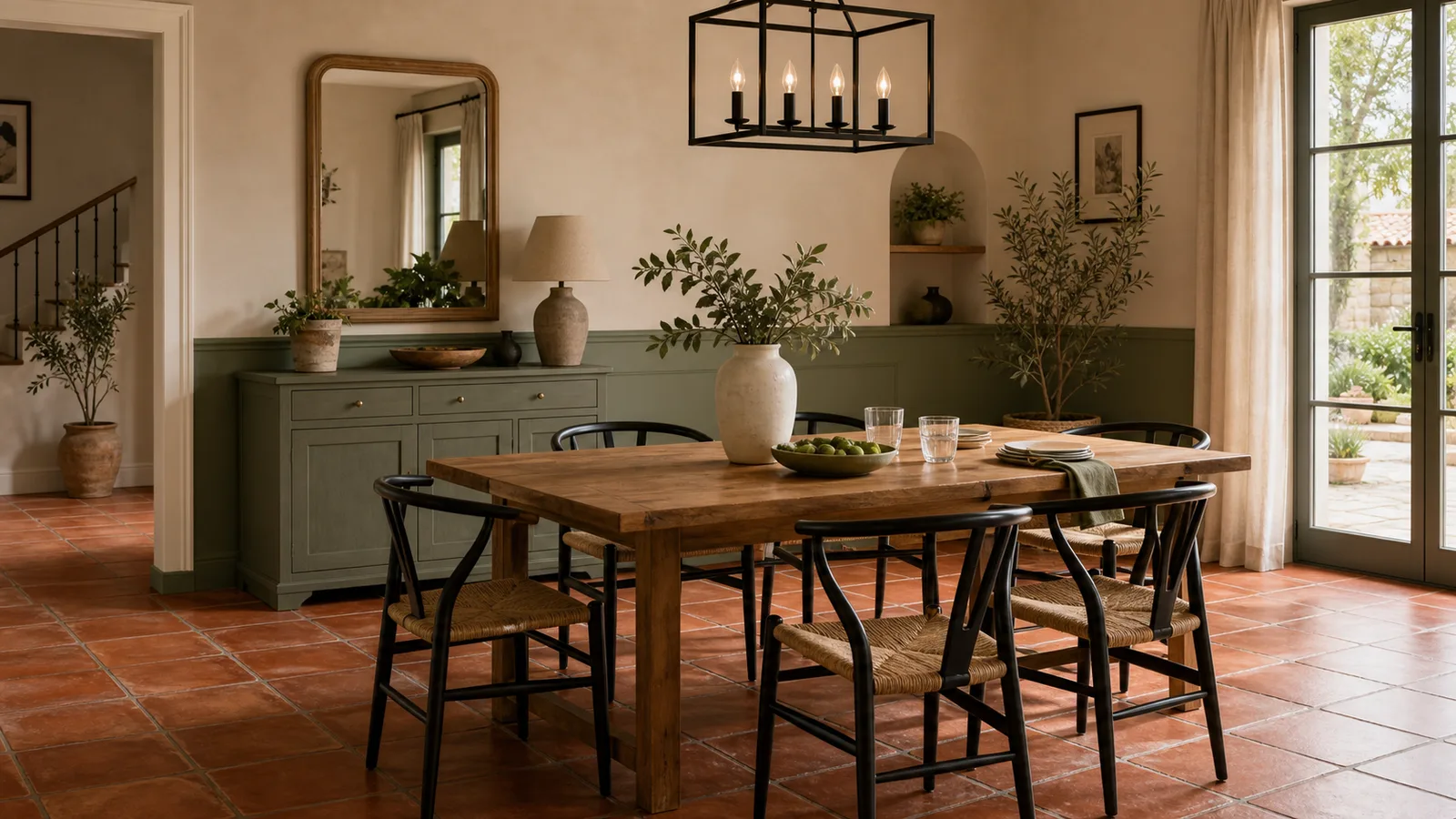 Salle a manger avec tomette rouge et vert sauge
