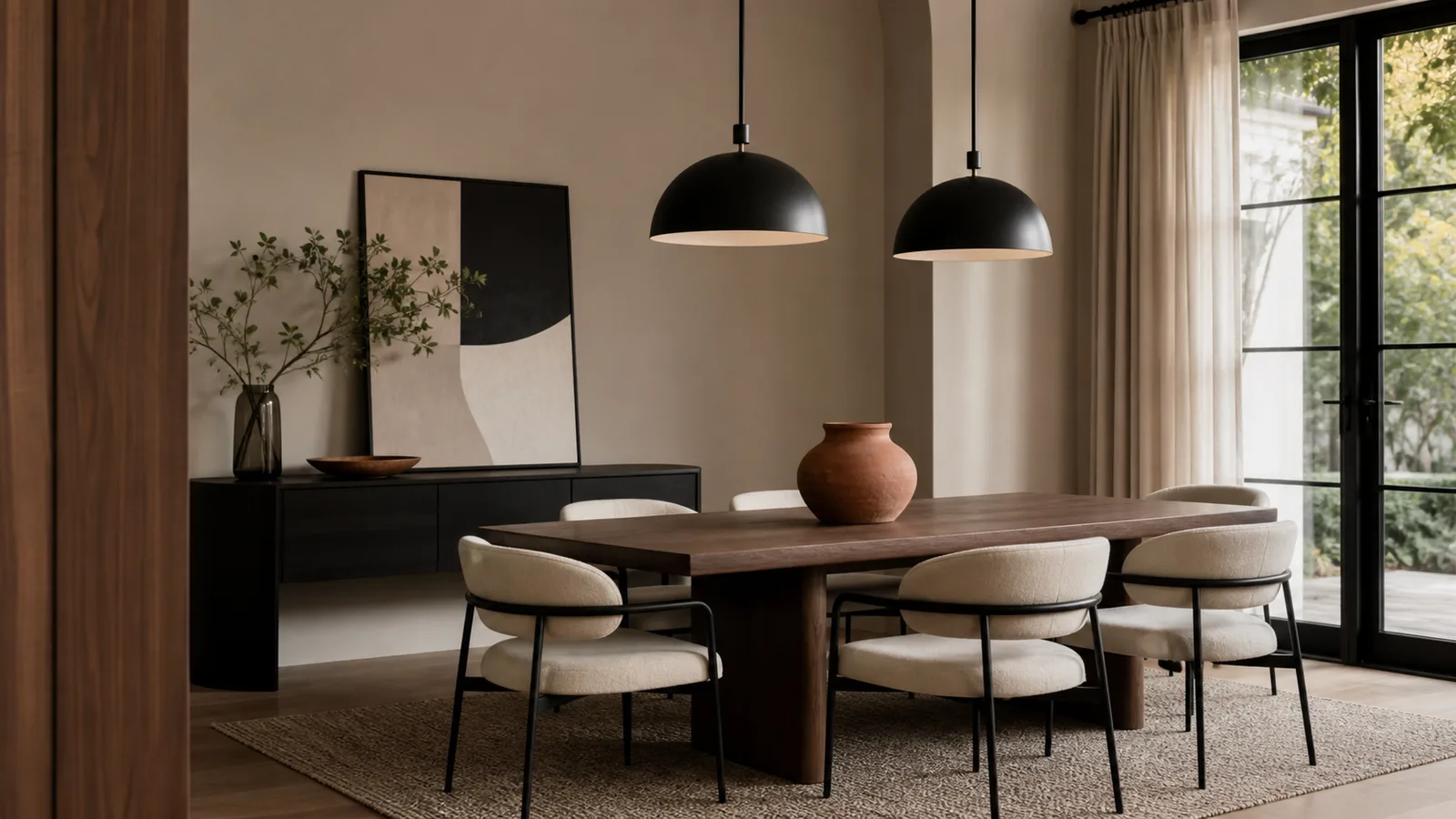 Salle a manger beige avec suspensions noires et table en noyer