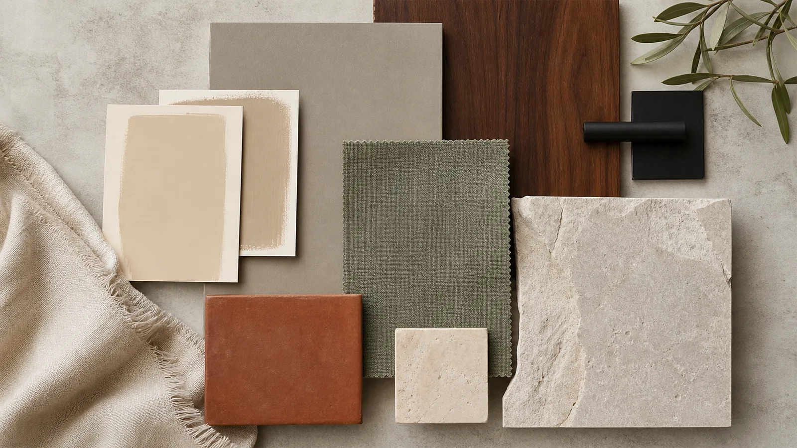 Planche de matieres beige, greige, sauge, noyer, metal noir et terracotta