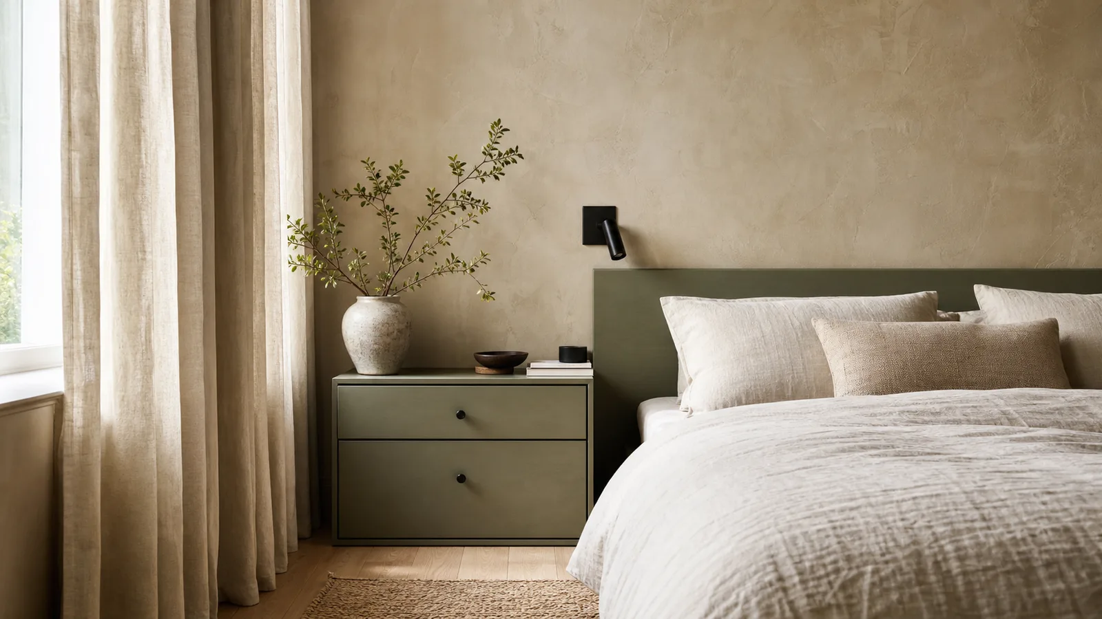 Chambre beige et vert sauge avec linge clair et bois naturel