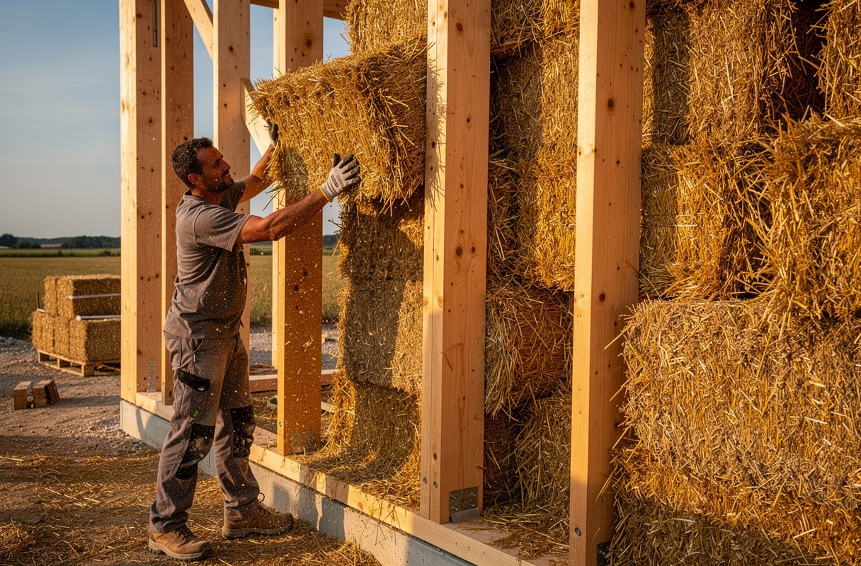 Pose de paille dans une ossature bois pour isoler un mur