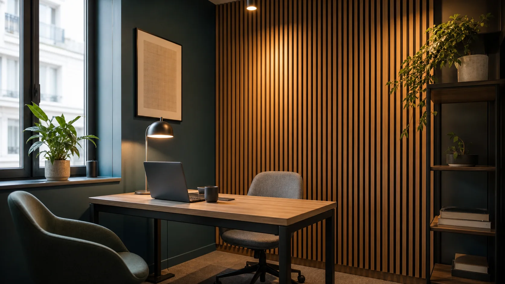 Bureau avec panneaux acoustiques bois derrière le poste de travail