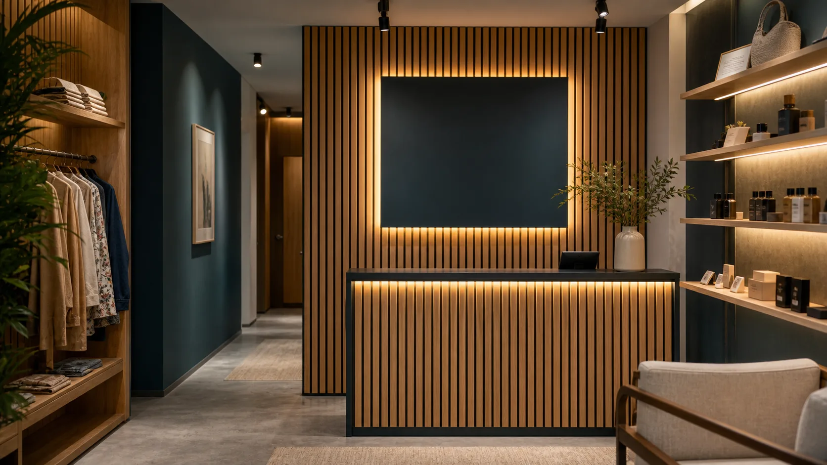 Accueil de boutique avec mur en panneaux bois et éclairage indirect