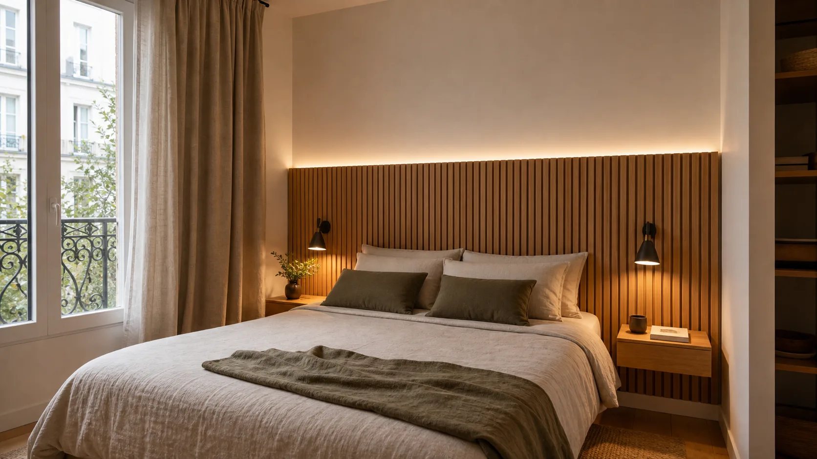 Chambre contemporaine avec panneaux bois décoratifs en tête de lit