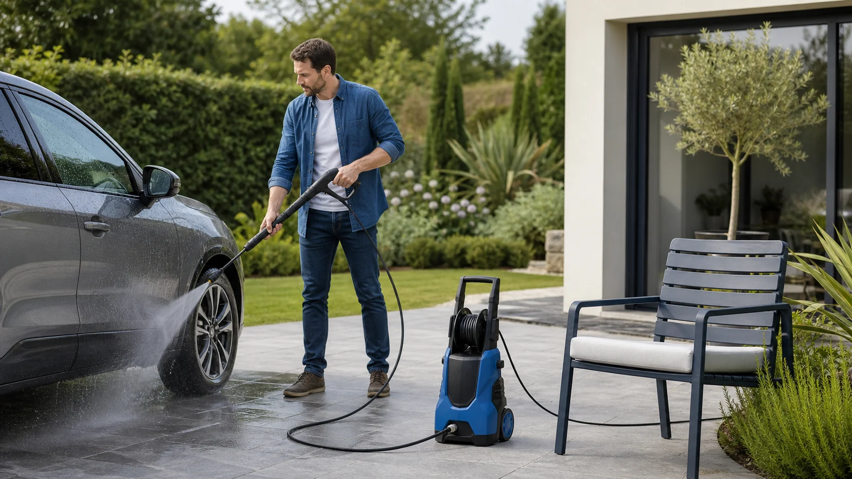 Nettoyage prudent d’une voiture et de mobilier extérieur avec pression modérée