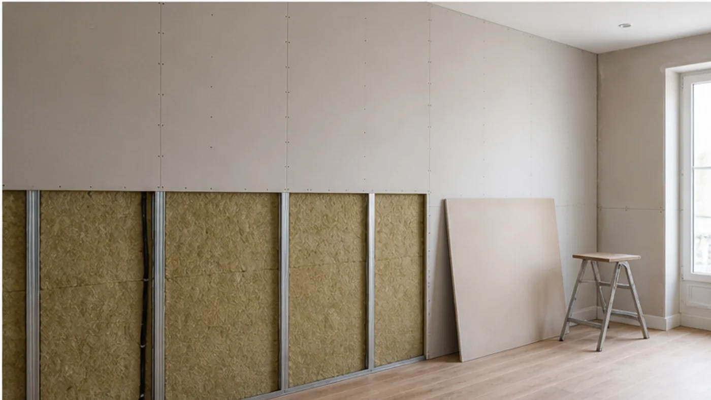 Contre-cloison en cours de fermeture avec isolant et plaques de plâtre