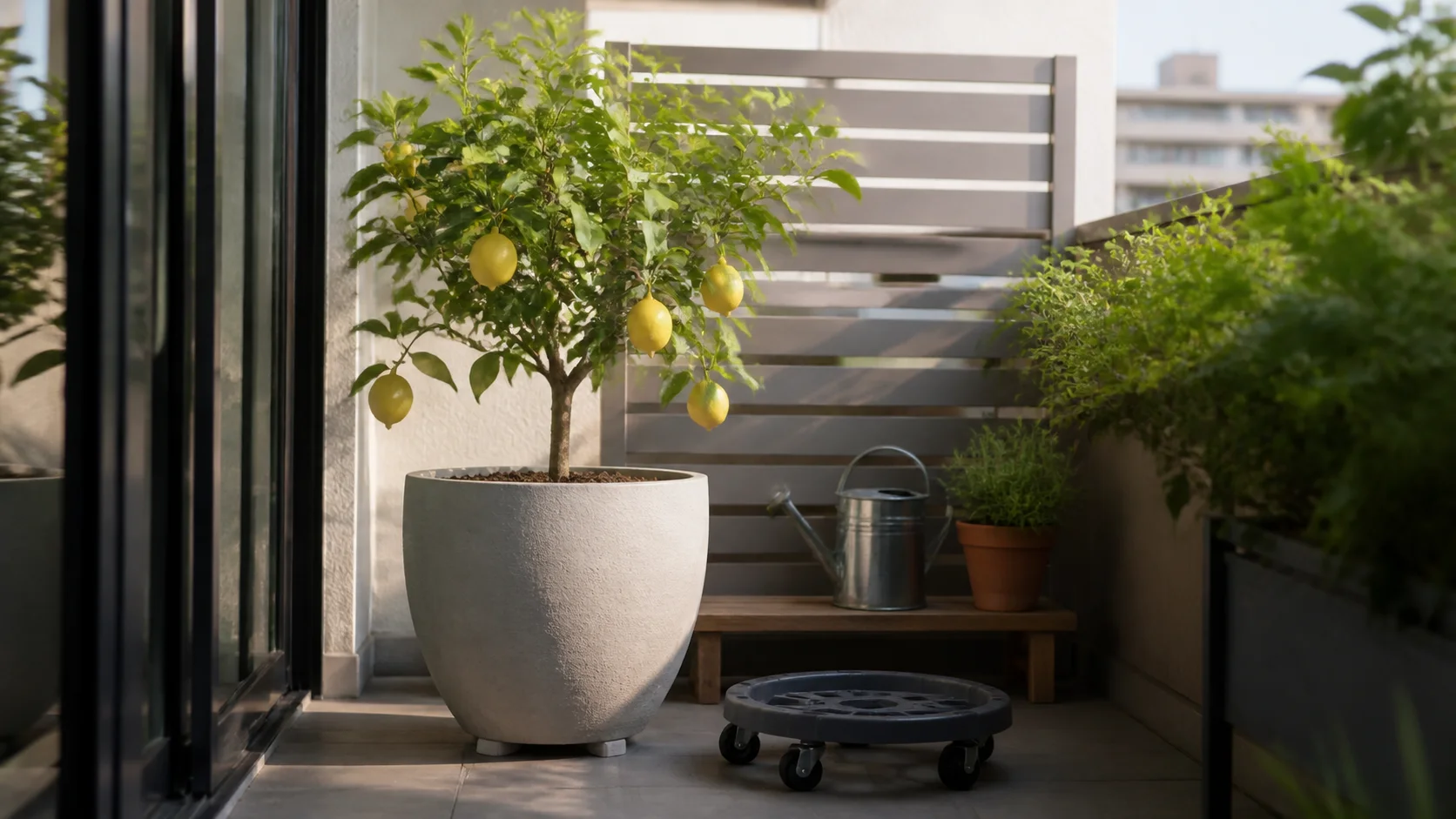 Citronnier compact en pot léger sur balcon urbain avec support roulant