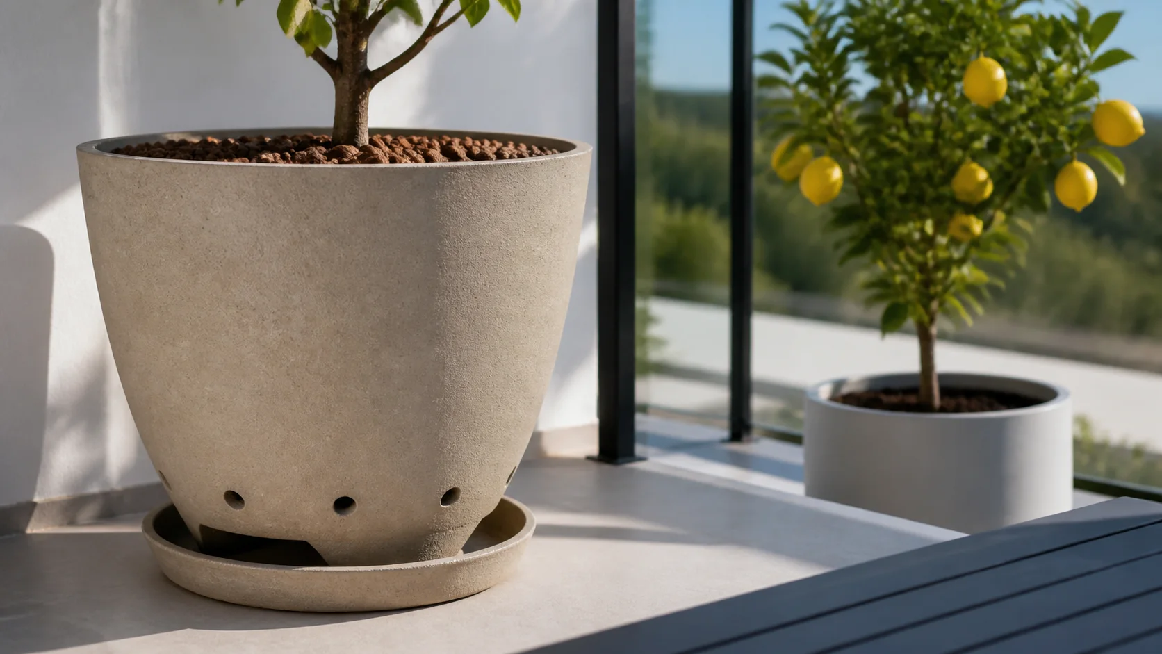 Pot percé avec billes d’argile et soucoupe sèche pour citronnier en balcon