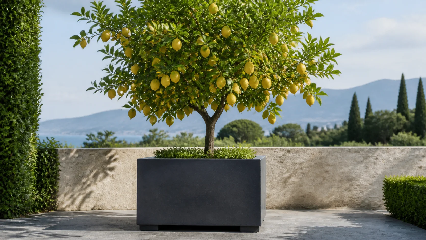 Citronnier mature dans un grand bac stable sur une terrasse abritée du vent