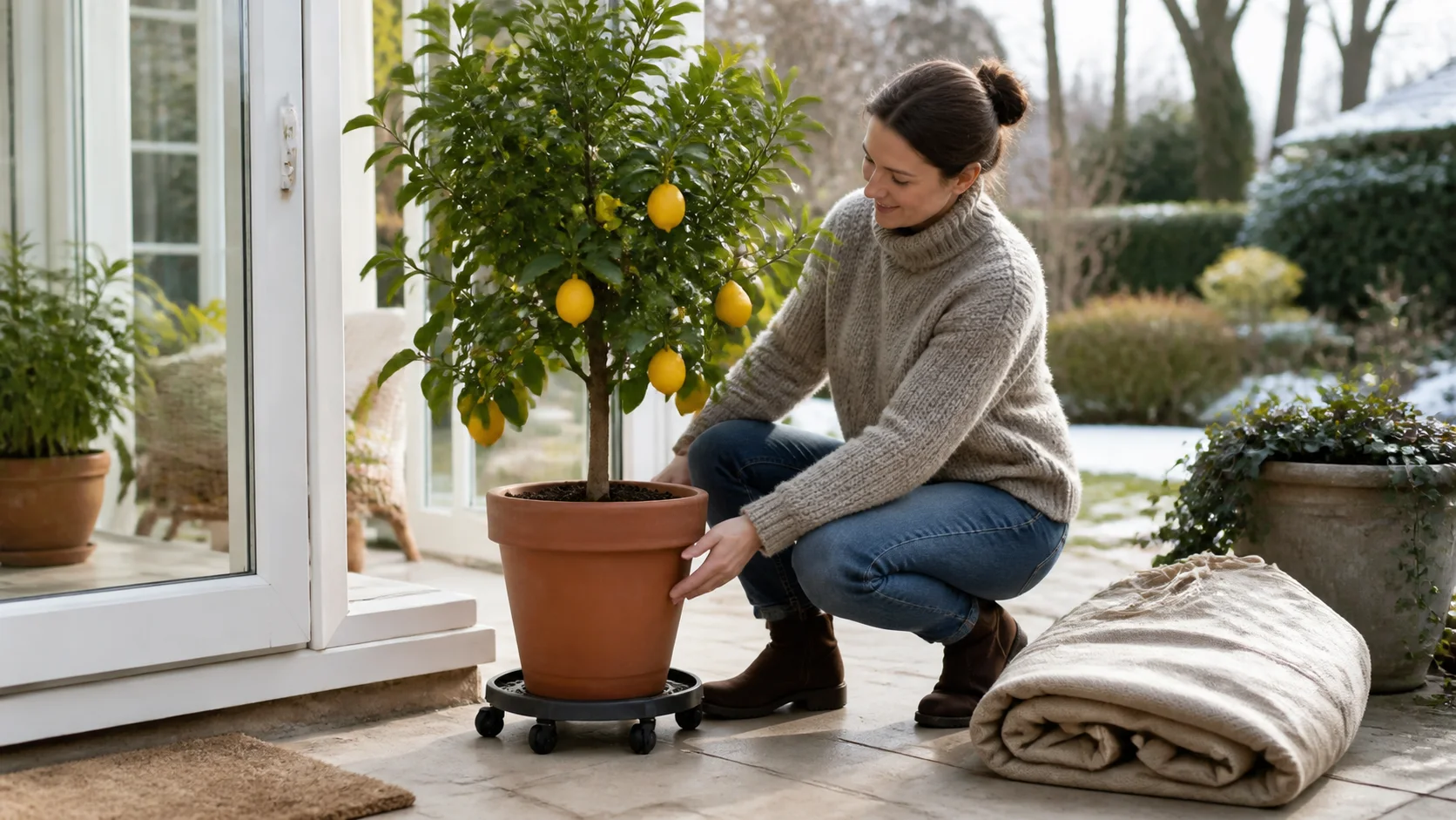 Citronnier en pot déplacé vers une véranda claire pour l’hivernage